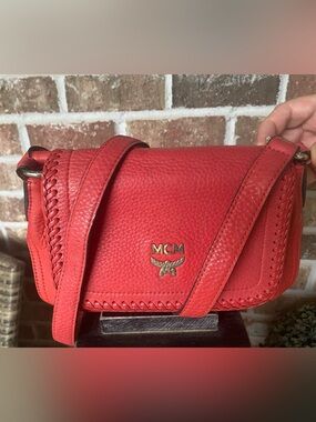 NOT FOR SALE MCM Red Pebbled Leather Crossbody Bag-Whipstitch Trim